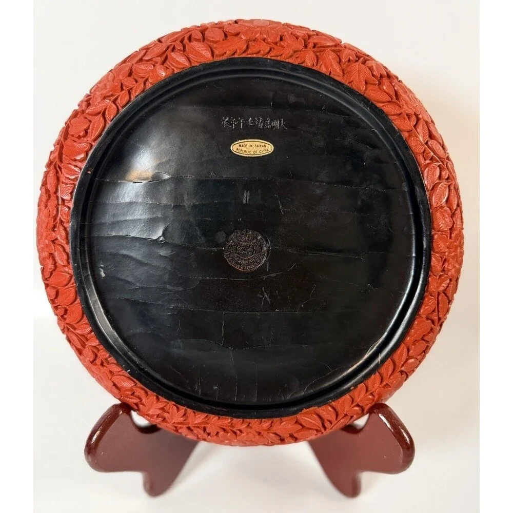 Vtg Chinese Red Carved Lacquer Plate DragonPhoenix National Palace Museum Taiwan